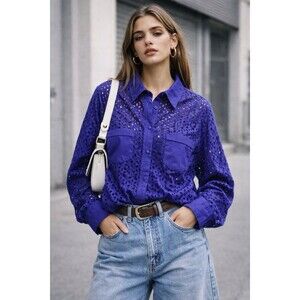 See Through Purple Cut Out Eyelet Button Shirt 1X Cotton Long Sleeve Blouse 90s